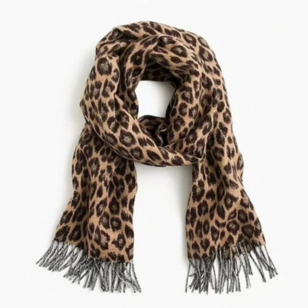 J.Crew Animal Leopard Print Scarf Tan Brown Wool Blend Italy
